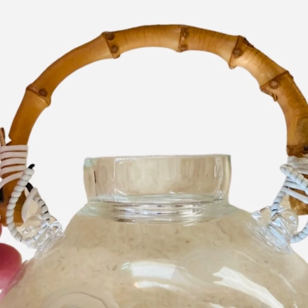 Vintage Hand Blown Teapot With Lid and Bamboo Handle and Red Etched Flowers - Picture 7 of 7